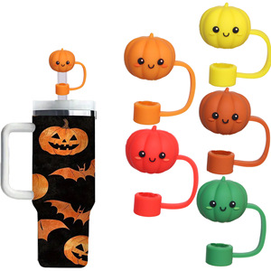 Offre Spéciale : Décoration DIY pour Bouteille Stanley – Capuchon de Paille Citrouille d'Halloween en Caoutchouc Souple 10mm, Anti-Poussière, en PVC 3D - Product Image 1