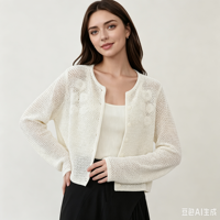 Cardigan blanc ajouré en tricot pour femme, broderie florale, devant ouvert, manches longues, coupe courte, veste décontractée en tricot, pull, manteau