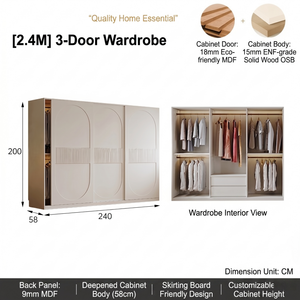 <span class=keywords><strong>Armoire</strong></span> coulissante moderne blanc crème en panneaux OSB pour chambre à coucher avec rangement supérieur et étagères latérales ouvertes, tailles personnalisables - Product Image 2