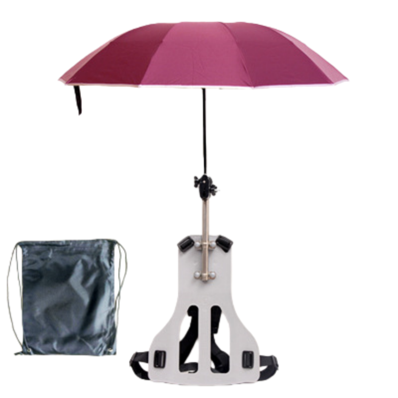 Paraguas rojo + mochila gris con soporte para hombro