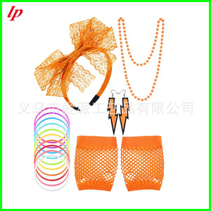 Lp 80s Party Costume Accessories Set With Lace Headband Necklace Earrings <b>Fishnet</b> Gloves And Colorful Bracelets For Kids - Product Image 2