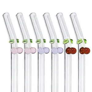 Top seller custom reusable cute cherry cherries colored bent cupful borosilicate glass straw with charm hook design