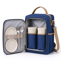 Sac à couverts de pique-nique avec ouverture frontale de style livre, porte-ustensiles et poches pour bouteilles, idéal pour le camping, les voyages et les repas en plein air