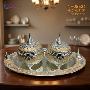 Plateau décoratif en métal et verre avec motif paon et ensemble de 2 bols |   Ensemble de service et de cadeaux de conception moderne artisanale du Rajasthan - Product Image 2
