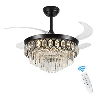 Ventilateur de plafond personnalisé en gros de 42 pouces à 6 vitesses, avec télécommande, en cristal noir, pour hôtel et villa, avec éclairage intégré