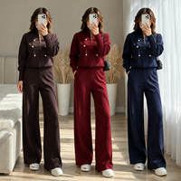 Ensemble deux pièces en maille pour femme : veste zippée à col montant, boutons perlés, pantalon large à taille élastique, anti-boulochage