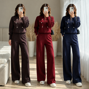 Ensemble deux pièces en maille pour femme : veste zippée à col montant, boutons perlés, pantalon large à taille élastique, anti-boulochage - Product Image 1