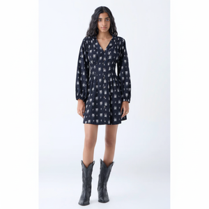 ชุดเดรสเอไลน์ผ้าฝ้ายพิมพ์ลายขนนกสีดำ - Product Image 1