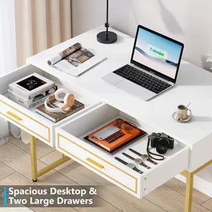 Design moderne et élégant, cette coiffeuse en or et blanc, en panneau MDF de qualité supérieure et avec un cadre en tube d'acier inoxydable. - Product Image 2