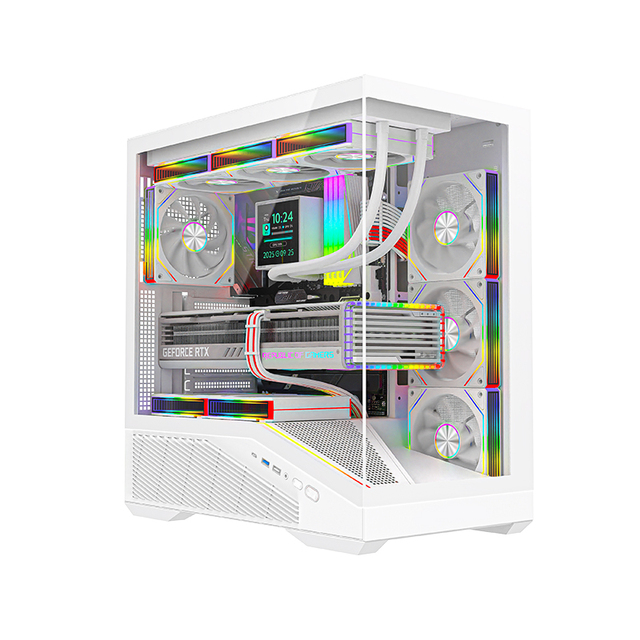 White Mid Tower ATX Gaming Case with Tempered Glass Front and Side USB Ports Cooling Holes Supports 360mm Top Radiator