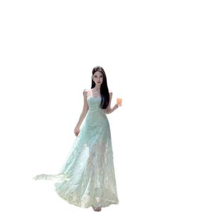 Vestido Largo de Verano Estilo A-Line con Jacquard Verde Menta, Sin Tirantes, Cintura Natural, Transpirable, Elegante, para Vacaciones en la Playa - Product Image 4