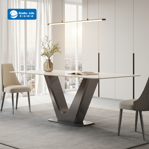 طاولة طعام وبار عصرية فاخرة بتصميم نورديك، قاعدة معدنية على شكل حرف V بتشطيب من الفولاذ المقاوم للصدأ وسطح من حجر الكوارتز المُلبد - Product Image 1