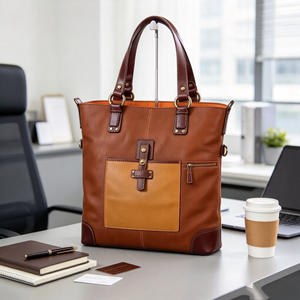 Sac fourre-tout en cuir véritable color block grande capacité avec poignée supérieure et bandoulière, doté d'une poche avant - Product Image 4