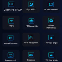 Rétroviseur de voiture 12 pouces Carplay et Android Auto 4K WIFI Dash Cam 2 canaux caméra de voiture caméra arrière enregistreur automatique