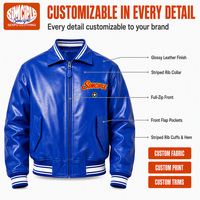 Veste de baseball américaine vintage personnalisée pour homme en cuir brillant, col côtelé rayé, fermeture éclair intégrale, poches à rabat, style bomber