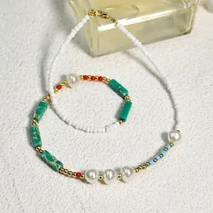 Fashion Handmade Jewelry Wholesale Bohemian Style Pearl Necklace Women Summer Agate Green Stone Necklace