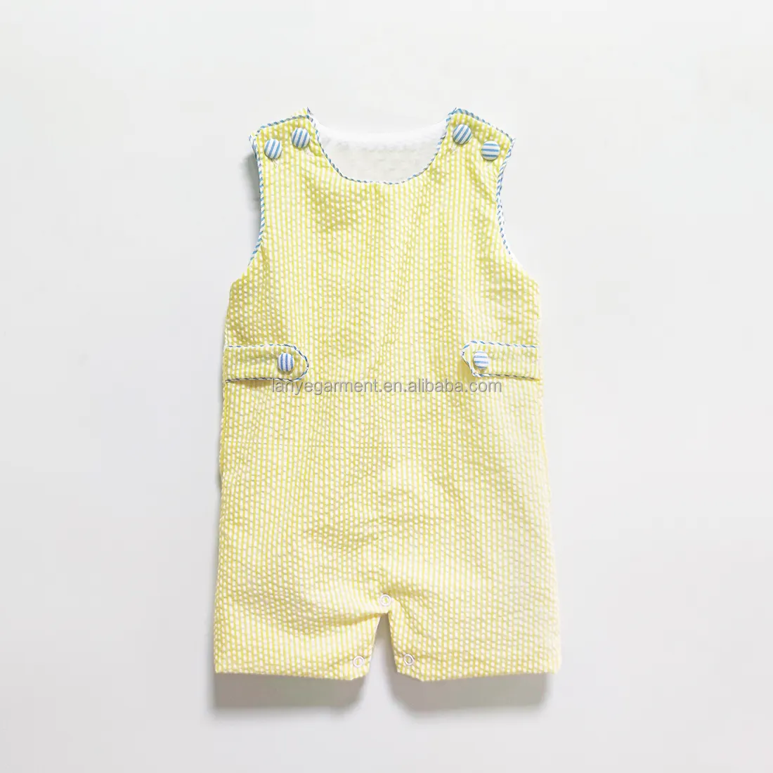 Children Kids Yellow Seersucker Boy Jon Jon Romper Girls A-line Dresses Baby Sleeveless Bubble Sibling Matching Clothing Set