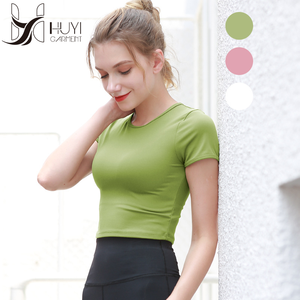 Nuevo estilo de Yoga de manga corta americana <span class=keywords><strong>Europea</strong></span> deportes camisa <span class=keywords><strong>mujer</strong></span>, cuello redondo de corte Slim Fitness camiseta - Product Image 1