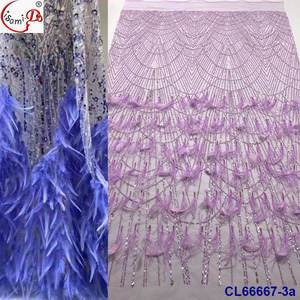 Tela de malla bordada de moda Lisami con plumas de avestruz ecológicas, lentejuelas peruanas y cuentas, 5 yardas - Product Image 2