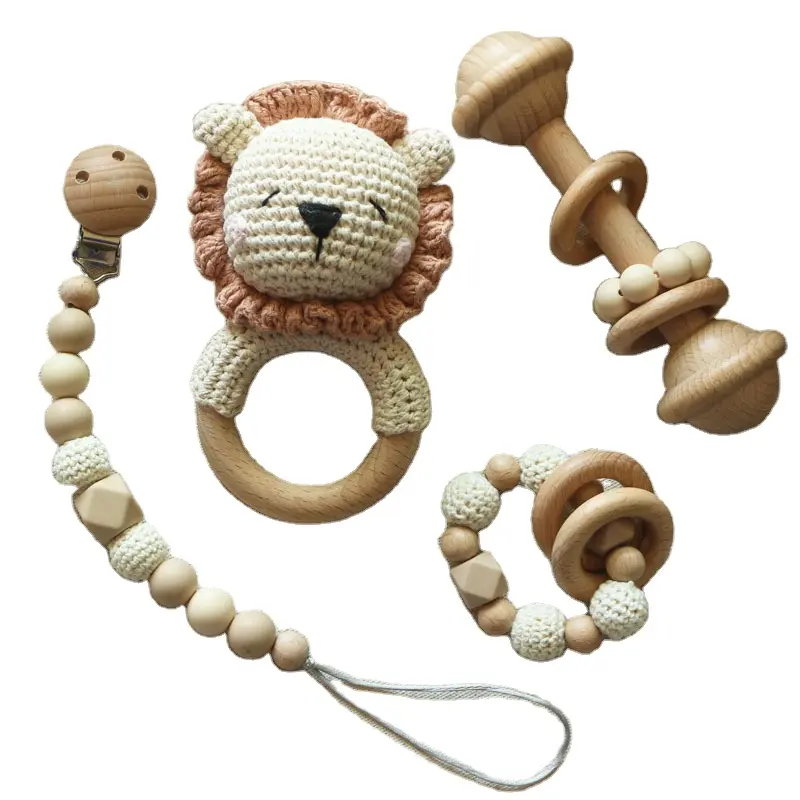 Baby Feeding Nipple Teat Wood Shower Gifts Crochet Pacifier Chain Crocheted Rattle Set