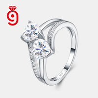 Bague de promesse en argent sterling 925 avec double cœur taillé en moissanite VVS D, deux pierres, tige fendue et accent pavé, pour mariage et fiançailles