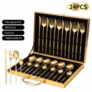 Boîte de rangement en bois tendance, noir et or, ensemble de couverts en acier inoxydable 24 pièces pour mariage et banquet - Product Image 1