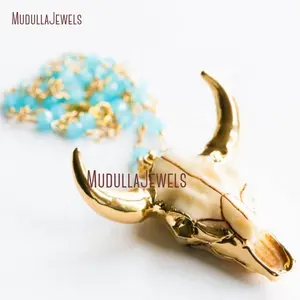 NM10813 Golden Cow Skull Necklace Cattle Bull Skull Charm Necklace Cowgirl Jewelry Beads Rosary Chain OX head Longhorn Necklace