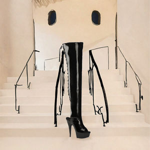 Tacones de plataforma de 15 cm con punta abierta y encaje, estilo otoñal, para espectáculos, talla grande 12, de 6 pulgadas, sobre la rodilla, a la moda, con tacón fino y acabado pintado. - Product Image 2