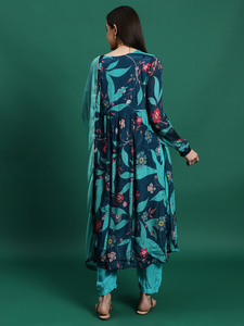 ชุดเดรส Anarkali Kurta สีน้ำเงินสำหรับผู้หญิง ตกแต่งด้วยงานปัก ผ้าเครป คอวี พร้อมกางเกงและผ้าคลุมไหล่ ชุดลำลองฤดูร้อน สไตล์หรูหรา ซักเครื่องได้ - Product Image 3