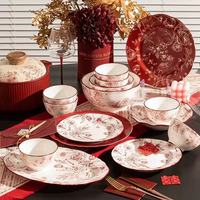 Service de table YanJun en porcelaine fine à motifs floraux rouges, vaisselle vintage, compatible lave-vaisselle/micro-ondes/four pour usage domestique