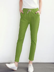 2023 primavera estate pantaloni Harem verdi pantaloni Harem in vita elastici solidi pantaloni morbidi da donna di alta qualità pantaloni da donna in <span class=keywords><strong>lino</strong></span> di cotone - Product Image 4