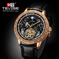 Montre automatique TEVISE avec logo personnalisé, montre squelette à phases solaires pour homme, montre mécanique OEM ODM en cuir véritable