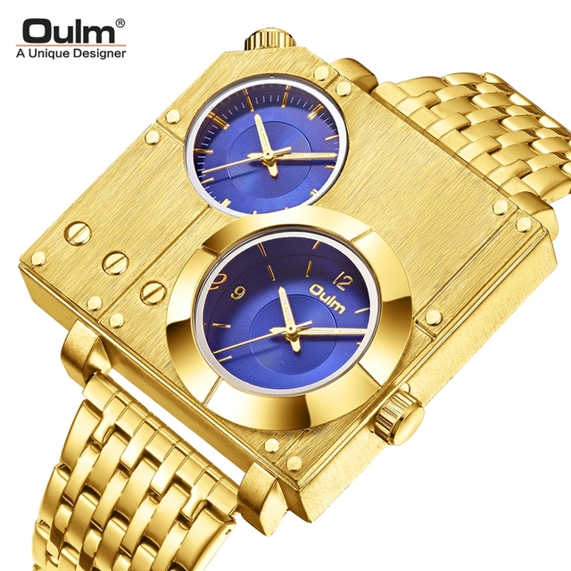 Oulm 5024 Golden Top Brand Men's Watches Stainless Steel Quartz Clock Two Time Zone Unique Male Watch Relogio Masculino