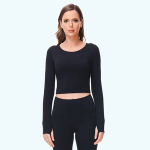 Kemeja Yoga lengan panjang elastis untuk wanita, kemeja nilon spandeks tahan bakteri tembus udara dengan desain leher rendah dan lubang jempol untuk wanita - Product Image 1