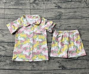 Ensemble 2 pièces décontracté pour petites filles, motif camouflage lapin de Pâques, en coton et élasthanne respirant, chemise et short, mignon, vente en gros - Product Image 3