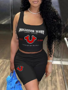 C1025 Sommer Designer Muster Bedrucktes Ärmelloses Tanktop Shorts <span class=keywords><strong>2</strong></span>-Teiliges Geripptes Set für Damen - Product Image 3