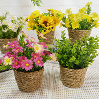 Plantes artificielles de tournesol en soie en pot, arrangements de fleurs en panier de jonc, fausses décorations de bureau, décoration pour la maison et le bureau