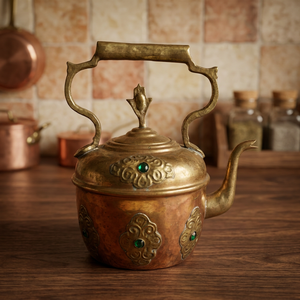 Vintage Brass Tea Kettle With <b>Lid</b> Metal Handle Ornate Design Turquoise Inlays Water <b>Pot</b> Kettles - Product Image 3