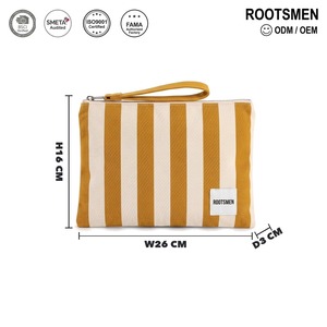 Pochette plate pour maquillage, rayée moutarde et écru, en toile de coton, trousse de toilette fine avec dragonne, fermeture éclair, logo personnalisé, OEM - Product Image 5
