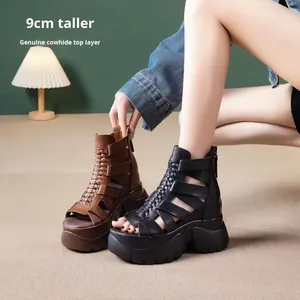 <span class=keywords><strong>Sandalias</strong></span> <span class=keywords><strong>Romanas</strong></span> de Piel de Vacuno de Alta Calidad al por Mayor para Mujer, <span class=keywords><strong>Sandalias</strong></span> de Verano con Tacón de Cuña y Punta Abierta, Aumento de Altura de 9 cm - Product Image 1