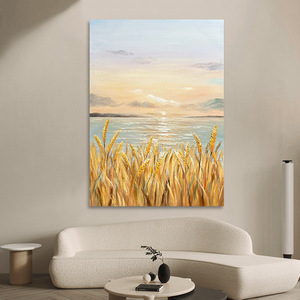 Peinture à l'huile peinte à la main, champ de blé doré, paysage marin, décoration minimaliste moderne pour salon, art mural de grande taille sans cadre - Product Image 3
