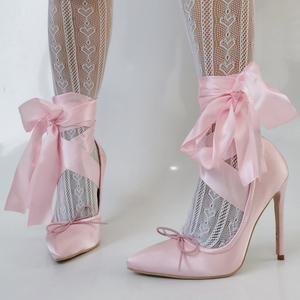 Escarpins en soie à lacets croisés pour femme, talons hauts pour fille, grande taille 47, sandales habillées avec nœuds avant, coupe large - Product Image 5