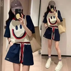 Women's Summer <b>Tracksuit</b> Embroidered Smiley Face Loose Fit Casual Short Sleeve Top And Shorts Plus Size 200 Lbs - Product Image 1