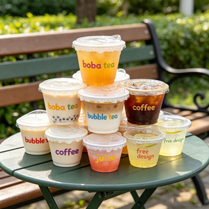 Gobelets en plastique PET transparents jetables de 93 mm, 9 oz, avec couvercles assortis, couleur personnalisable, logo imprimé UV, pour boissons froides, mini-desserts, 8 oz - Product Image 1