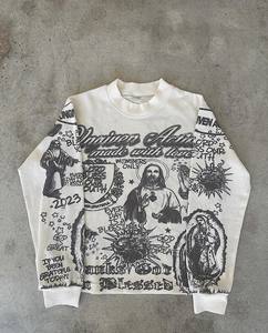 스트릿웨어 커스텀 디자인 DTG 프린트 그래픽 티 코튼 써멀 긴팔 배기 와플 니트 티셔츠 남성용 - Product Image 1