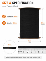 Paracord Type III 550, bobine de 1000 pieds, 4 mm, 7 brins, nylon haute résistance, cordon de parachute tactique pour le camping, la pêche, la survie, noir
