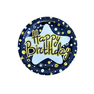 Happy Birthday Disposable Tableware Set Paper Plates Cups Napkins Forks Party Supplies Kit Black Gold Star Design - Product Image 3