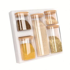 Wholesale Square Airtight Glass Storage Canister Clear Glass Food Storage Jar Set Kitchen Storage <b>Container</b> with Seal <b>Bamboo</b> Lid - Product Image 4