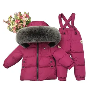 Real Fur Hoodie Boys Clothing Sets Down Warm Winter Girl Set Jacket Pants Children Snow Suits Teenager Kids Ski Costumes Clothes