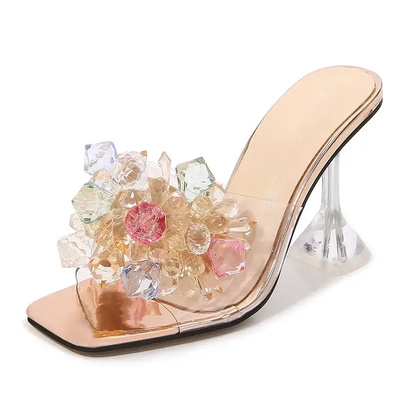 Support OEM/ODM Custom PVC stage show host luxury brand large size women shoes crystal flower sandals transparent of high heel